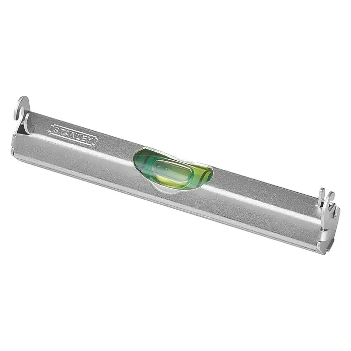 Stanley Schnur-Wasserwaage - Länge: 80 mm, Anzahl Libellen: 1 Stk. - Eine silberne Torpedo-Wasserwaage von Stanley mit gut sichtbarer Libelle für präzise Messungen auf engstem Raum. Ideal für Installateure.