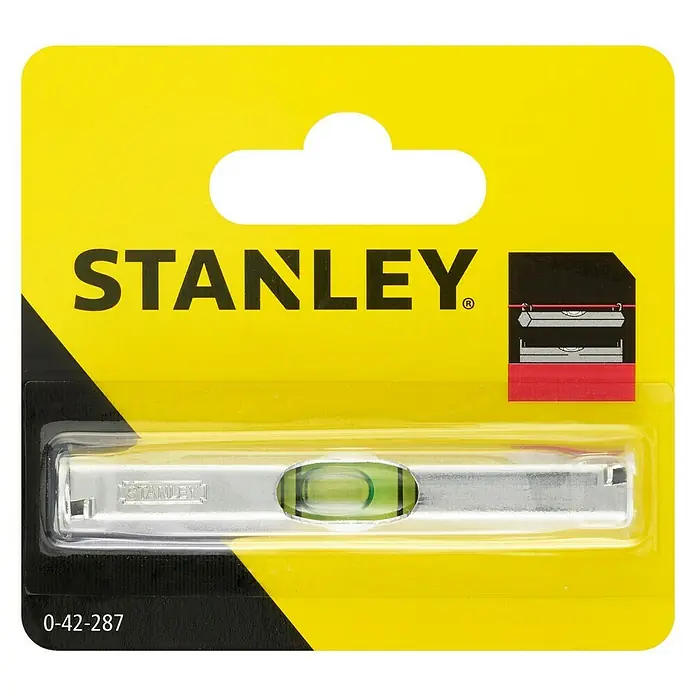 Stanley Schnur-Wasserwaage - Länge: 80 mm, Anzahl Libellen: 1 Stk. - Eine Stanley Wasserwaage in einer gelben Verpackung. Ideal für präzise Messungen im Handwerk.
