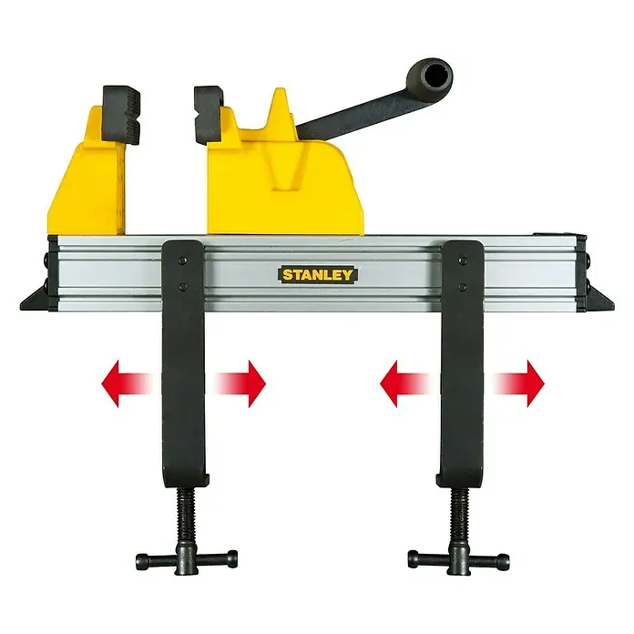 Stanley Schraubstock 0-83-179 - Spannweite: 115 mm, Kunststoff - Stanley Werkbank mit gelben Schraubstock-Einsätzen und silberner Führungsschiene, perfekt für Hobby und Werkstatt.