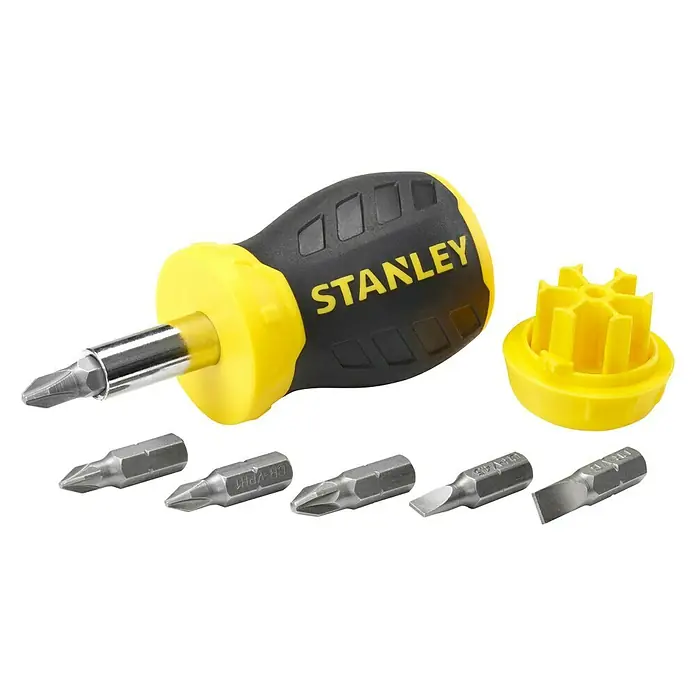 Stanley Vergaser Schraubendreher Stubby 0-66-357 - 8 -tlg. - Stanley Schraubendreher-Set mit verschiedenen Bits und gelbem Aufbewahrungsbehälter.