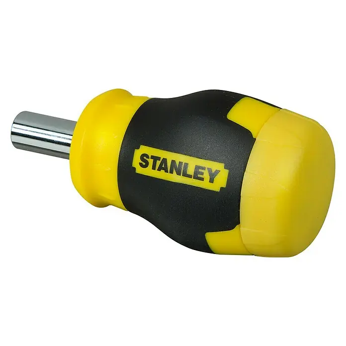 Stanley Vergaser Schraubendreher Stubby 0-66-357 - 8 -tlg. - Nahaufnahme eines gelben und schwarzen STANLEY Schraubendrehers auf schwarzem Hintergrund. Das Werkzeug ist sauber und gut erhalten.