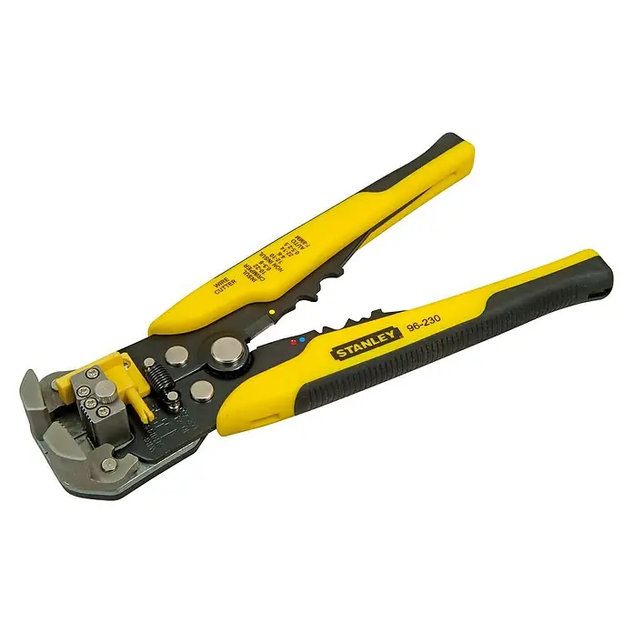 Stanley FatMax Abisolierzange - Länge: 21 cm - Eine Stanley 96-230 Abisolierzange in Gelb/Schwarz, ein vielseitiges Werkzeug zum Abisolieren und Crimpen von Drähten.