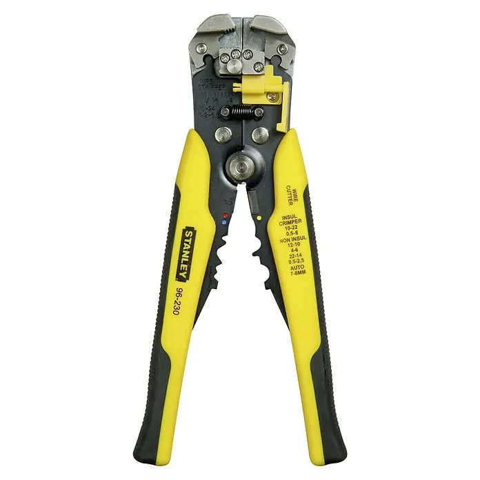 Stanley FatMax Abisolierzange - Länge: 21 cm - Die Stanley 96-230 Abisolierzange mit gelben Griffen, ideal zum Schneiden und Abisolieren von Kabeln in verschiedenen Größen.