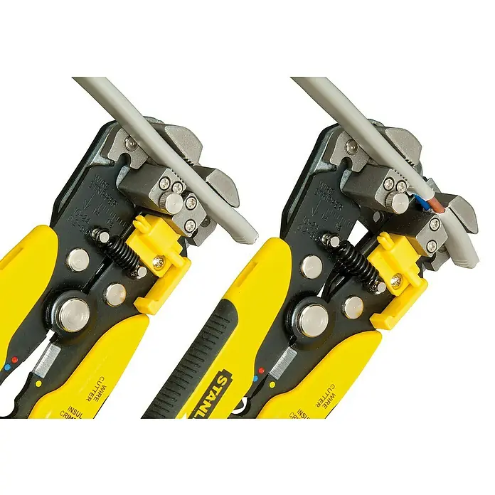 Stanley FatMax Abisolierzange - Länge: 21 cm - Nahaufnahme einer Stanley-Abisolierzange zum präzisen Entfernen der Isolierung von Drähten in verschiedenen Größen.