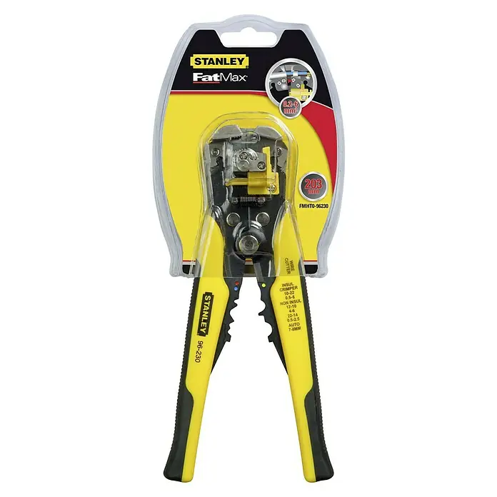 Stanley FatMax Abisolierzange - Länge: 21 cm - Stanley FatMax Abisolierzange mit gelb-schwarzen Griffen, verpackt. Ideal zum Abisolieren und Schneiden von Drähten verschiedener Stärken.