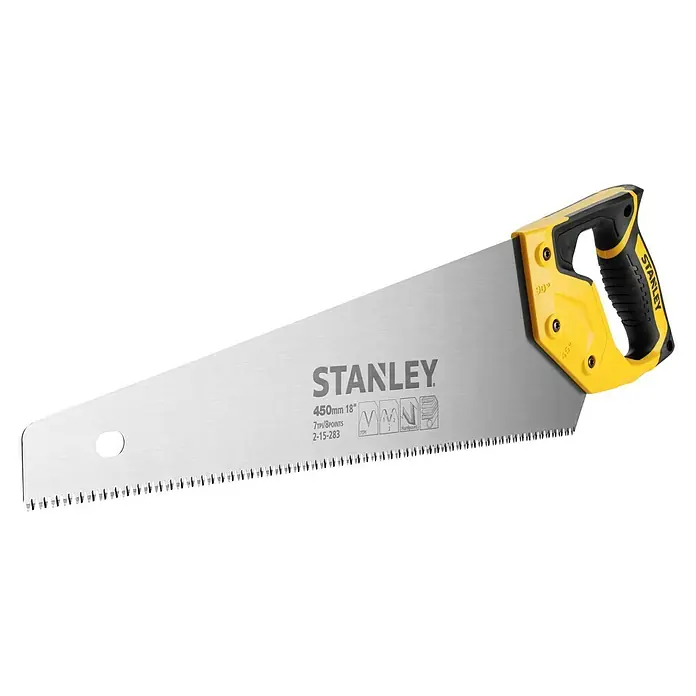 Stanley Handsäge Jetcut Grob - Blattlänge: 450 mm - Nahaufnahme einer STANLEY Handsäge mit gelbem Griff vor schwarzem Hintergrund, ideal für Holzarbeiten.