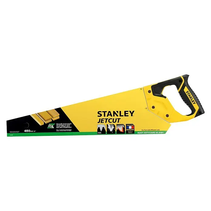 Stanley Handsäge Jetcut Grob - Blattlänge: 450 mm - Eine gelbe Stanley Jetcut Handsäge mit schwarzem Griff, ideal für schnelle und effiziente Schnitte bei schweren Arbeiten.