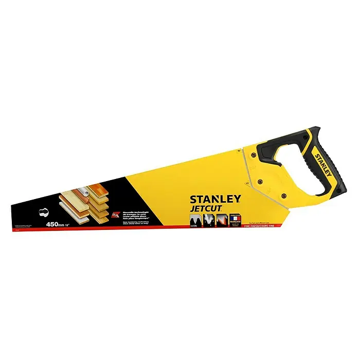 Stanley Handsäge Jetcut Fein - Blattlänge: 450 mm, 11 Stk. - Nahaufnahme einer gelb-schwarzen Stanley Jetcut Handsäge, perfekt für präzise Holzarbeiten und feine Schnitte.