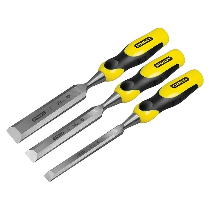 Stanley Stechbeitelsatz DYNAGRIP - 3 -tlg., Klingenbreite im Set: 12/18/25 mm - Stanley Stechbeitel-Set mit gelben und schwarzen Griffen in verschiedenen Größen.
