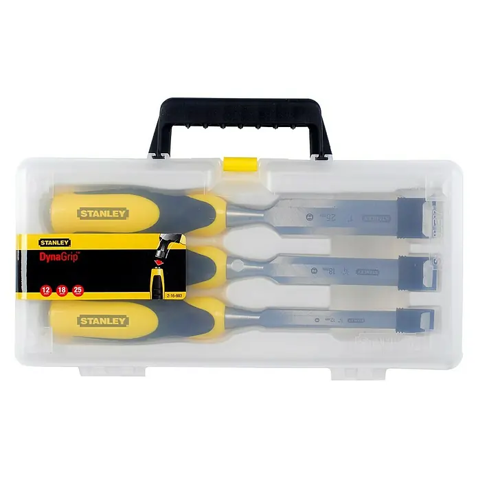 Stanley Stechbeitelsatz DYNAGRIP - 3 -tlg., Klingenbreite im Set: 12/18/25 mm - Ein Stanley DynaGrip Stecheiselsatz in einer transparenten Aufbewahrungsbox, ideal für präzise Holzarbeiten und Heimwerkerprojekte.
