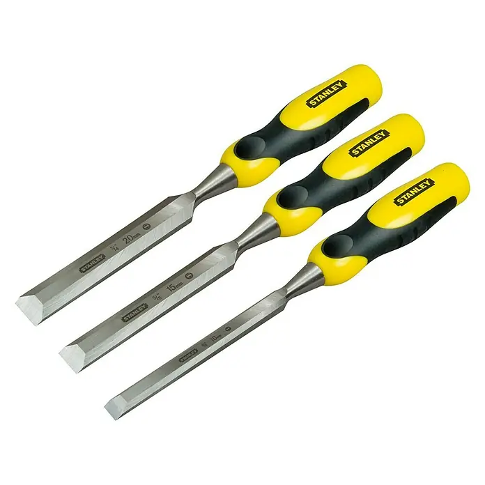 Stanley Stechbeitelsatz DYNAGRIP - 3 -tlg., Klingenbreite im Set: 10/15/20 mm - Stanley Stechbeitel-Set mit gelb-schwarzen Griffen, verschiedene Größen für präzise Holzarbeiten.