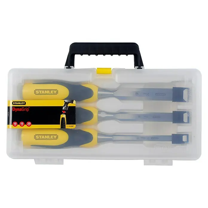 Stanley Stechbeitelsatz DYNAGRIP - 3 -tlg., Klingenbreite im Set: 10/15/20 mm - Stanley DynaGrip Stechbeitel-Set mit 3 Teilen im Koffer. Die Stechbeitel haben gelb-graue Griffe und sind in den Größen 10, 15 und 20 mm erhältlich.