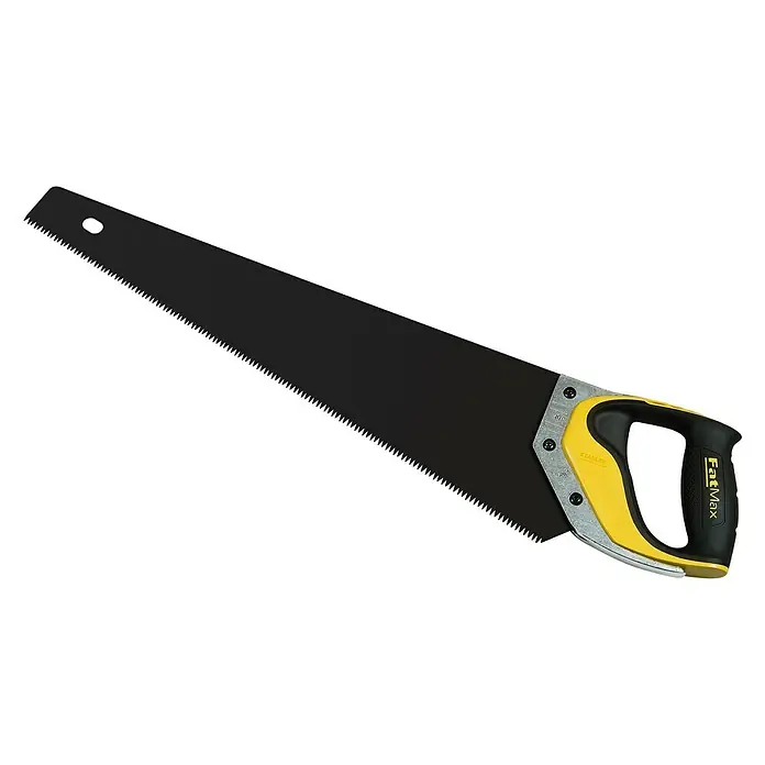 Stanley FatMax Handsäge Gen2 Appliflon - Länge: 500 mm - Nahaufnahme einer FatMax Handsäge mit schwarzem Blatt und gelb-schwarzem Griff, ideal für Holzarbeiten.