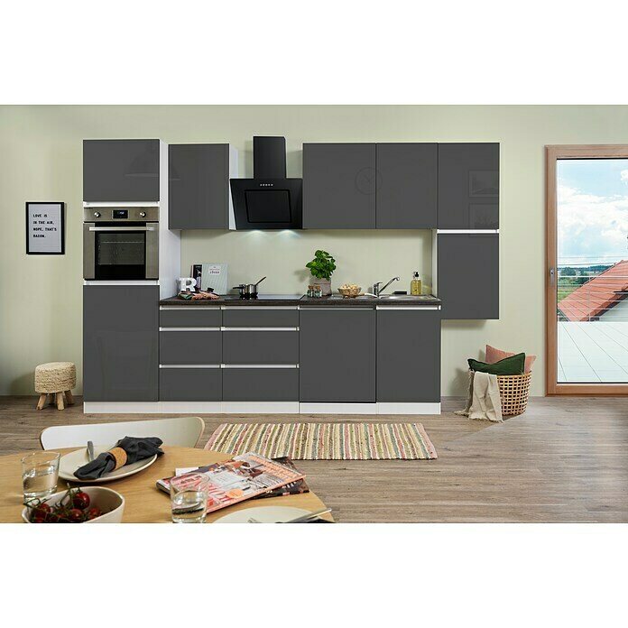 Respekta Premium Küchenzeile GLRP330HWG (Breite: 330 cm, Mit Elektrogeräten, Grau Hochglanz)