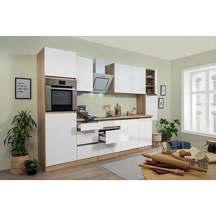 Respekta Premium Küchenzeile GLRP330HESWM (Breite: 330 cm, Mit Elektrogeräten, Weiß matt)