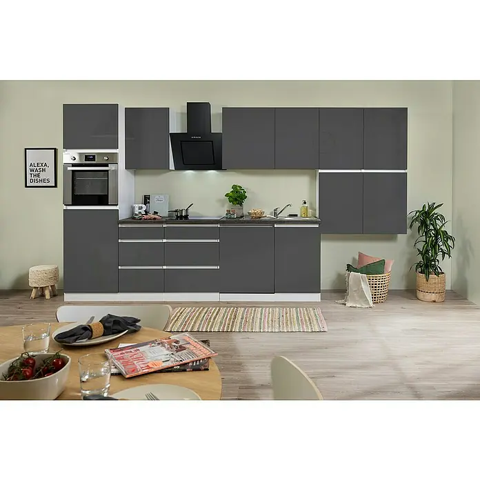 Respekta Premium Küchenzeile Lorena - Breite: 380 cm, Grau, Hochglänzend, Dekor Arbeitsplatte: Steinoptik, Mit Elektrogeräten - Graue Hochglanzküche mit Hängeschränken, integriertem Ofen und stilvoller Dunstabzugshaube für ein modernes Küchendesign.