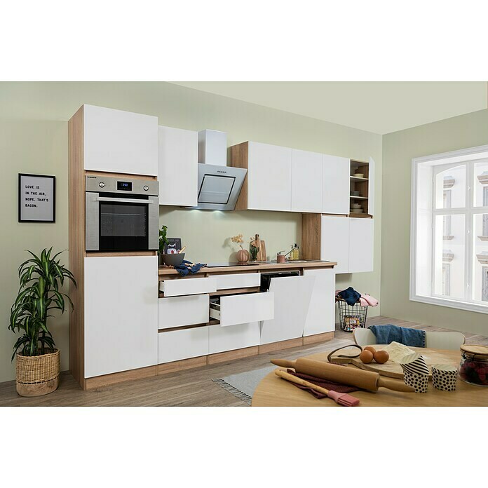 Respekta Premium Küchenzeile GLRP380HESWM (Breite: 380 cm, Mit Elektrogeräten, Weiß matt)