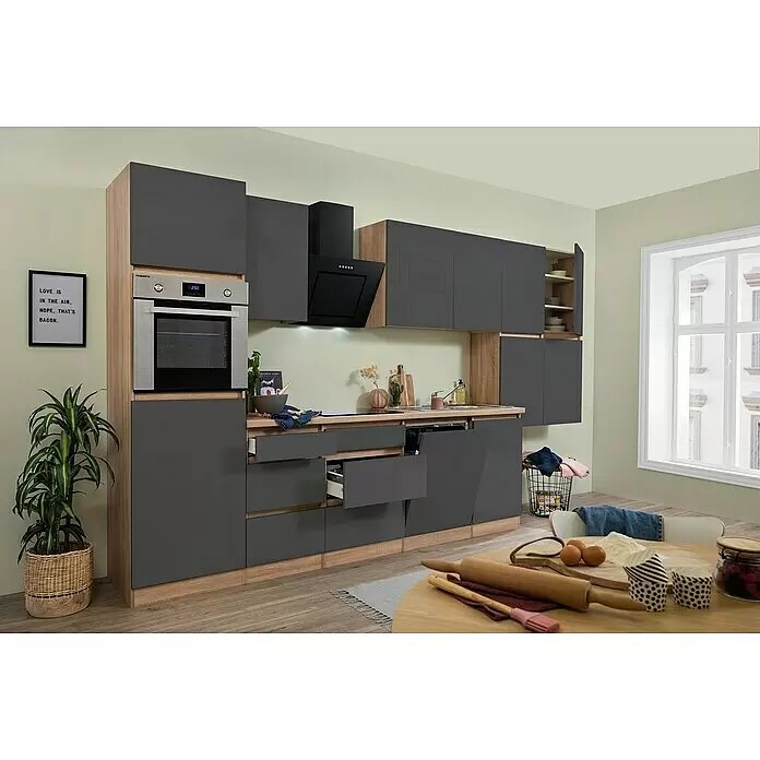 Respekta Premium Küchenzeile Lorena - Breite: 380 cm, Grau, Hochglänzend, Dekor Arbeitsplatte: Holzoptik, Mit Elektrogeräten - Stimmungsaufnahme