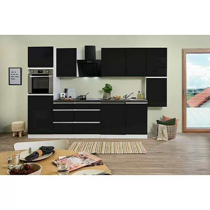 Respekta Premium Küchenzeile Lorena - Breite: 330 cm, Schwarz, Hochglänzend, Dekor Arbeitsplatte: Steinoptik, Mit Elektrogeräten - Stimmungsaufnahme