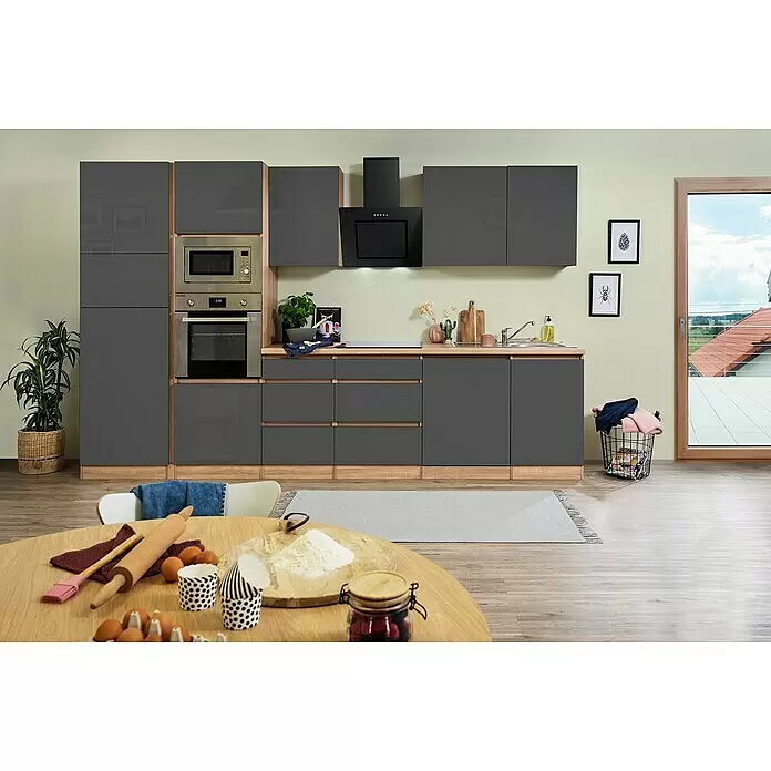 Respekta Premium Küchenzeile Lorena - Breite: 345 cm, Grau, Hochglänzend, Dekor Arbeitsplatte: Holzoptik, Mit Elektrogeräten - Stimmungsaufnahme