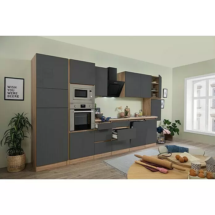 Respekta Premium Küchenzeile Lorena - Breite: 395 cm, Grau, Hochglänzend, Dekor Arbeitsplatte: Holzoptik, Mit Elektrogeräten - Stimmungsaufnahme