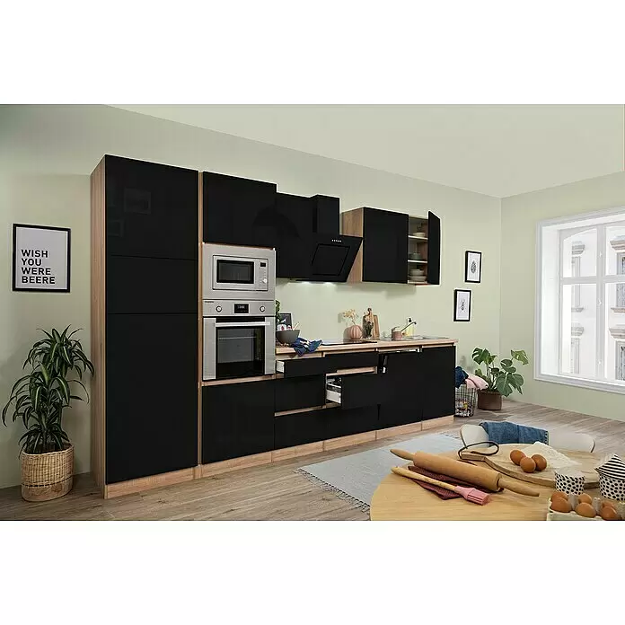Respekta Premium Küchenzeile Lorena - Breite: 345 cm, Schwarz, Hochglänzend, Dekor Arbeitsplatte: Holzoptik, Mit Elektrogeräten - Stimmungsaufnahme