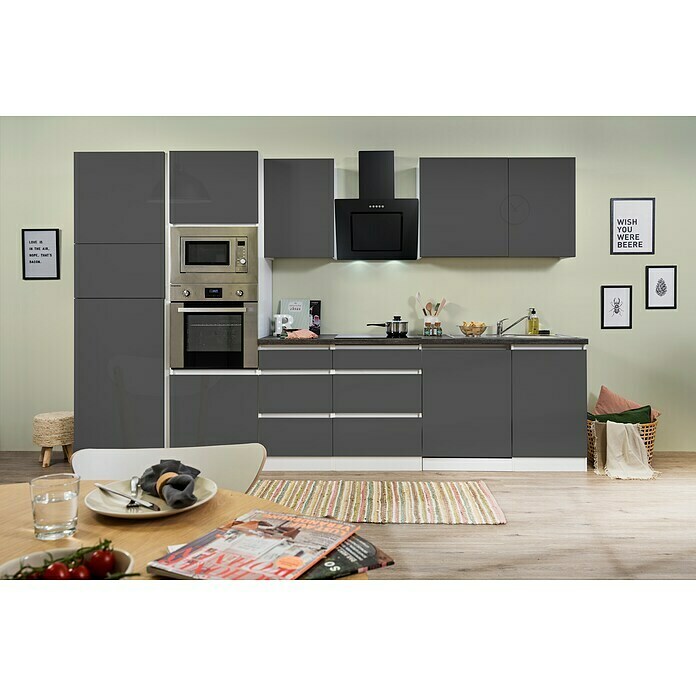 Respekta Premium Küchenzeile GLRP345HWGGKE (Breite: 345 cm, Mit Elektrogeräten, Grau Hochglanz)