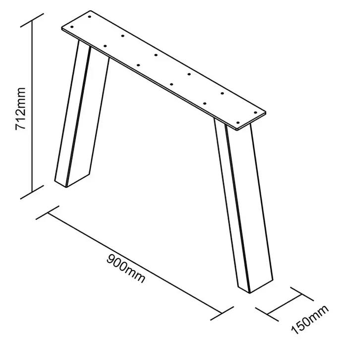 Pur Iternal Black Edition Tischbein Strong - 900 x 150 x 712 mm, Schwarz, U-Form, Passend für: Tischplatten Breite ≥ 100 cm, 2 Stk. - Produktdarstellung eines Tischgestells mit Maßen. Die Tischbeine sind schräg angeordnet und mit einer Montageplatte verbunden.