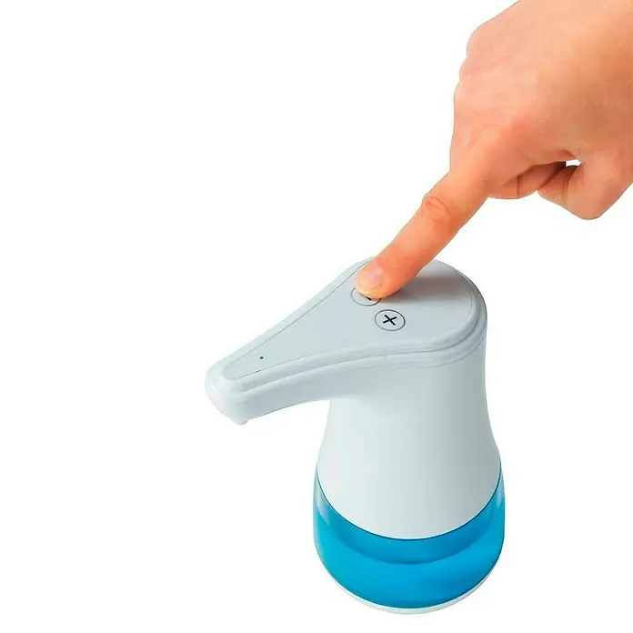 Wenko Desinfektionsmittelspender Diala - Weiß, L x B x H: 19 x 12 x 23 cm - Automatische Seifenspender in Weiß und Blau mit einer Hand, die den oberen Knopf drückt, um eine einfache Dosierung zu gewährleisten.