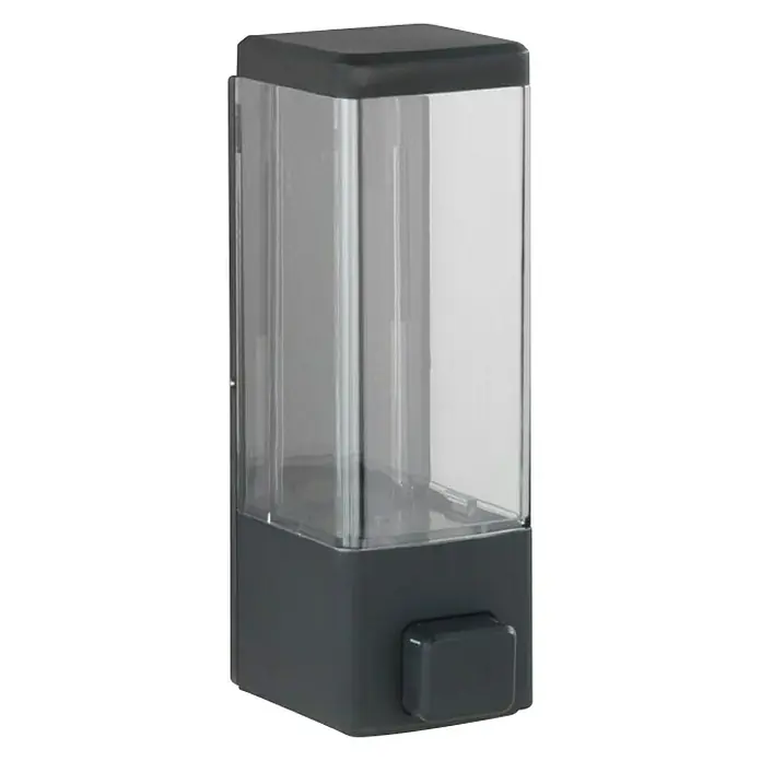 Wenko Dispensador de jabón o gel desinfectante Istres - Plástico, Negro, Capacidad del depósito: 320 ml - Dosificador de jabón de pared en gris. El dispensador es adecuado para baños o cocinas y es fácil de rellenar.