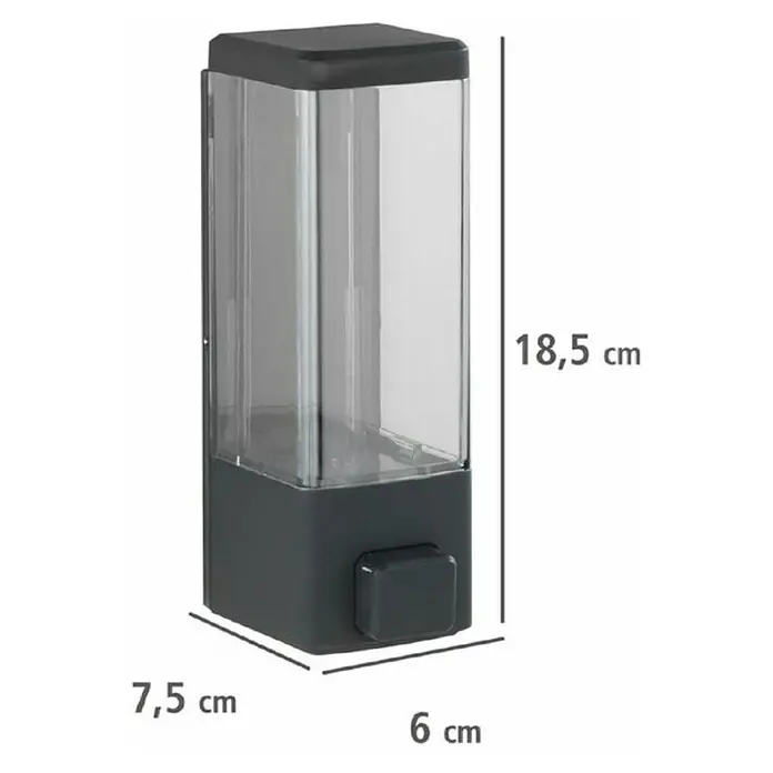 Wenko Dispensador de jabón o gel desinfectante Istres - Plástico, Negro, Capacidad del depósito: 320 ml - Imagen de un dispensador de jabón líquido antracita, que mide 18,5 x 7,5 x 6 cm, diseñado para montaje en pared.