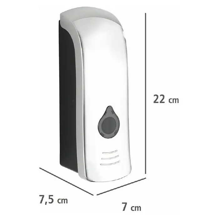 Wenko Seifenspender Ranera S - Kunststoff, Chrom, Füllmenge: 280 ml - Bild eines glänzenden Seifenspenders mit den Maßen 22 cm Höhe, 7,5 cm Breite und 7 cm Tiefe, ideal für Badezimmer und Küche.