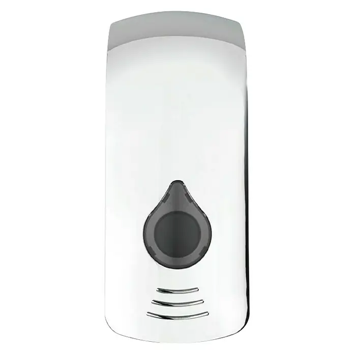 Wenko Dispensador de jabón o gel desinfectante Ranera - Plástico, Cromo, Capacidad del depósito: 740 ml - Dispensador de jabón blanco para montaje en pared con botón en forma de lágrima y tres ranuras horizontales para dispensar el jabón.