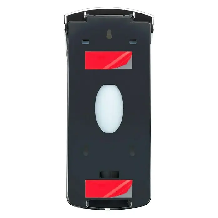 Wenko Dispensador de jabón o gel desinfectante Ranera - Plástico, Cromo, Capacidad del depósito: 740 ml - Vista trasera de un dispensador de jabón negro con cinta de montaje y ventana de visualización de nivel. Ideal para baño, cocina o uso comercial.