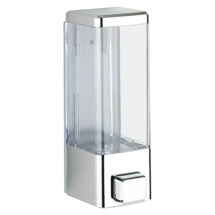 Wenko Dispensador de jabón o gel desinfectante Istres - Plástico, Cromo, Capacidad del depósito: 320 ml - Dispensador de jabón de pared con detalles cromados y recipiente transparente para baño o cocina.