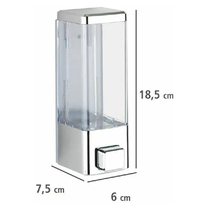 Wenko Dispensador de jabón o gel desinfectante Istres - Plástico, Cromo, Capacidad del depósito: 320 ml - Imagen de un dispensador de jabón de pared de plástico transparente y cromo con dimensiones 18,5 x 7,5 x 6 cm.