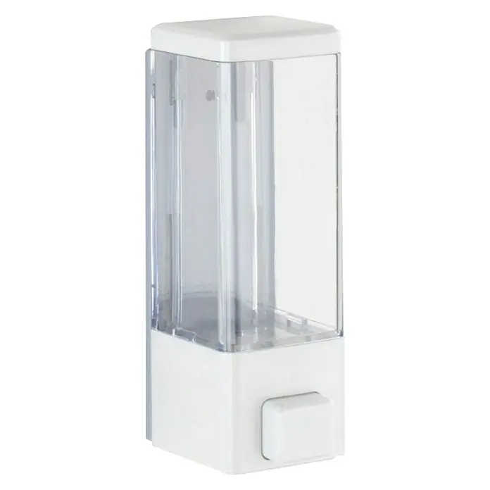 Wenko Dispensador de jabón o gel desinfectante Istres - Plástico, Blanco, Capacidad del depósito: 320 ml - Dispensador de jabón blanco de pared con recipiente transparente. Ideal para baños y cocinas, dispensando jabón o loción con estilo.