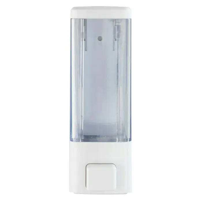 Wenko Dispensador de jabón o gel desinfectante Istres - Plástico, Blanco, Capacidad del depósito: 320 ml - Imagen de un dispensador de jabón blanco para pared, con recipiente transparente y dispensación por pulsador.