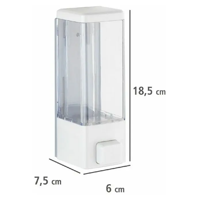Wenko Dispensador de jabón o gel desinfectante Istres - Plástico, Blanco, Capacidad del depósito: 320 ml - Imagen del producto de un dispensador de jabón blanco con un recipiente transparente, que mide 18,5 cm de alto, 7,5 cm de ancho y 6 cm de profundidad.