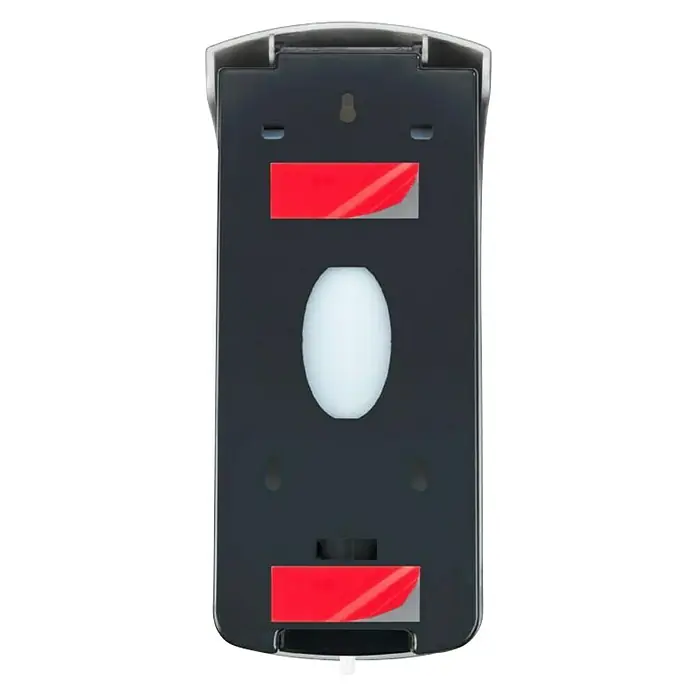 Wenko Seifenspender Ranera L - Kunststoff, Schwarz, Füllmenge: 740 ml - Rückansicht eines schwarzen, automatischen Seifenspenders mit Klebestreifen und Aussparung, ideal für Badezimmer und Küche.