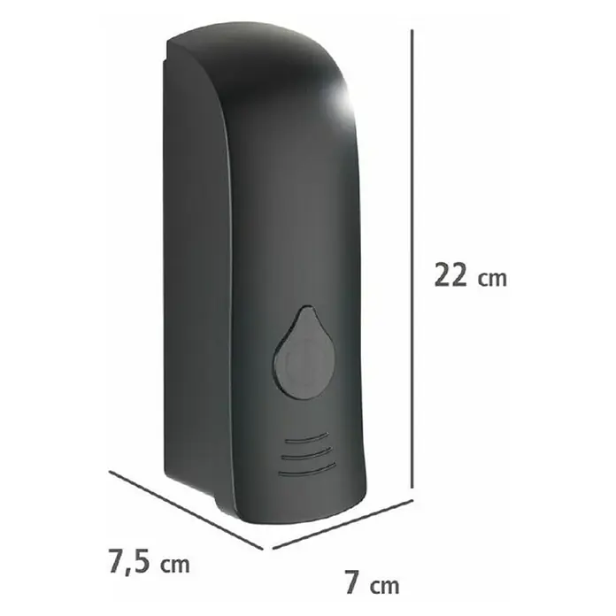 Wenko Seifenspender Ranera S - Kunststoff, Schwarz, Füllmenge: 280 ml - Bild einer schwarzen Seifenspender mit den Maßen 22 x 7,5 x 7 cm zur Wandmontage.
