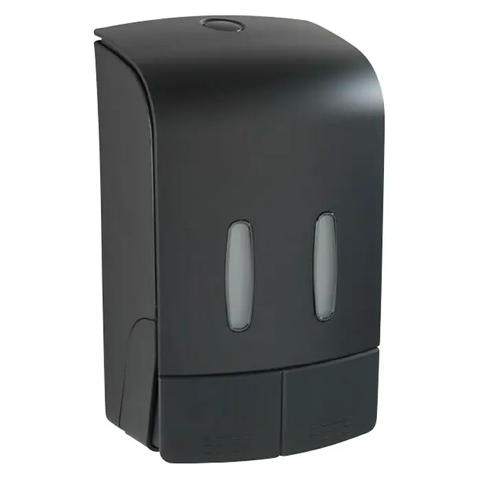 Wenko Dispensador de desinfectante Tartas - 960 ml, Plástico, Negro - Dispensador de jabón líquido negro de montaje en pared con doble visor y puerto de recarga circular.