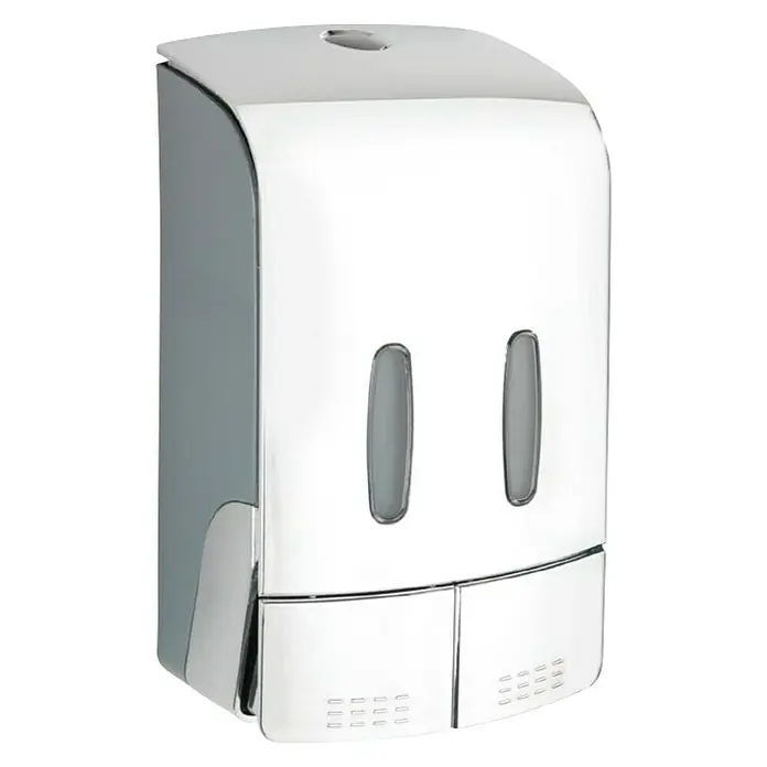 Wenko Dispensador de jabón Tartas - Plástico, Cromo, Capacidad del depósito: 960 ml - Dispensador de jabón doble cromado brillante con dos indicadores de nivel transparentes para baño o cocina.