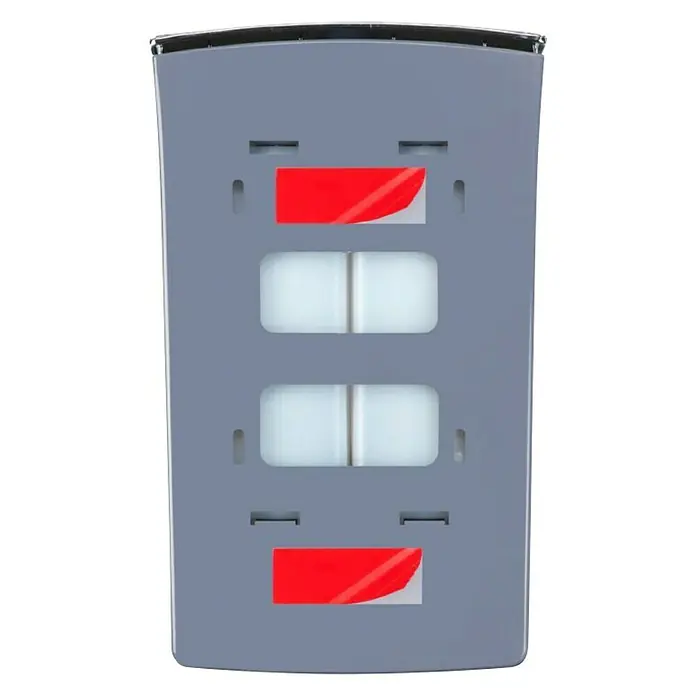 Wenko Dispensador de jabón Tartas - Plástico, Cromo, Capacidad del depósito: 960 ml - Imagen de un dispositivo rectangular gris con cuatro secciones empotradas, dos obstruidas por pegatinas rojas y dos revelando componentes blancos.