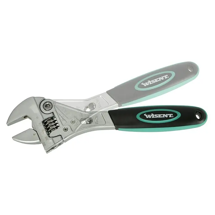 Wisent Werkzeugkoffer - L x B x H: 510 x 377 x 167 mm, 103 -tlg. - Nahaufnahme eines verstellbaren Schraubenschlüssels von Wisent mit verstellbarer Backe und ergonomischen Griffen, ideal für vielfältige Reparaturen.
