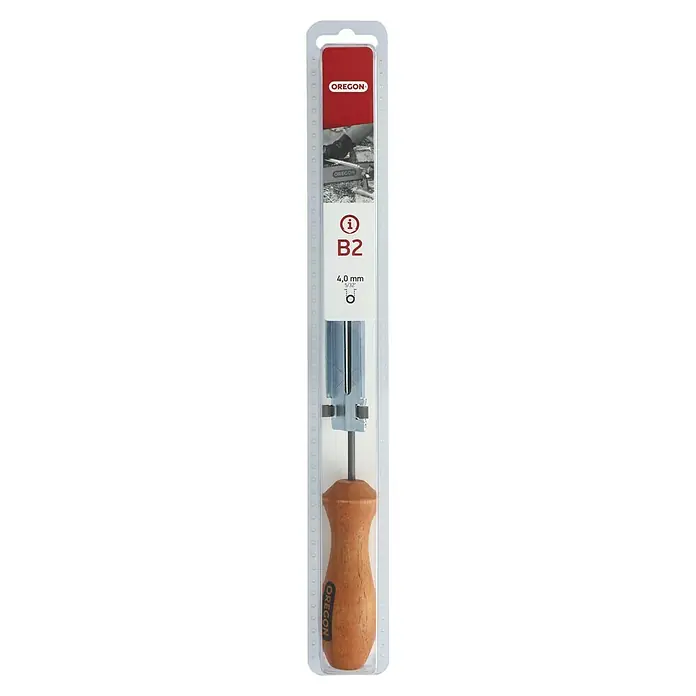 Oregon Feilenhalter - Durchmesser: 4 mm - Ein Oregon Kettensägeschärfer mit Holzgriff in einer transparenten Verpackung. Das Produkt ist 4,0 mm groß und vom Typ B2.