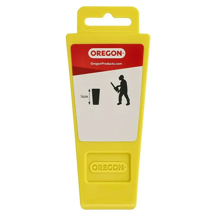 Oregon Fällkeil - Länge: 14 cm, Kunststoff - Gelbe Oregon-Schutzhülle für Kettensägen mit rotem Etikett, das die Marke und eine Illustration des Produkts zeigt.