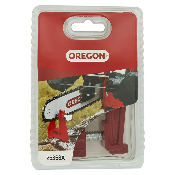 Oregon Feilbock - Metall - Produktaufnahme des Oregon Kettenschärfgeräts 26368A, verpackt und bereit für den Einsatz, ein unverzichtbares Werkzeug für jeden Kettensägenbesitzer.