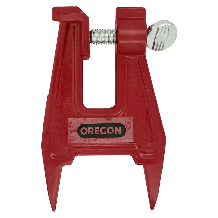 Oregon Feilbock - Metall - Roter Oregon-Kettenfeilenhalter mit Schraubstockfunktion zur sicheren Fixierung von Kettensägen beim Schärfen.