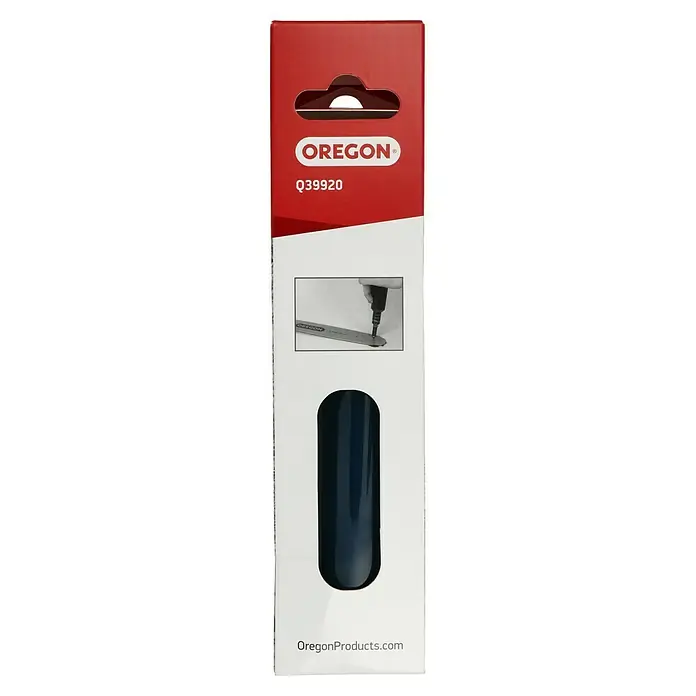 Oregon Fettpresse Q 39920 - Stahl - Verpackung für eine Oregon Q39920 Kettensäge, mit dem Oregon-Logo, einem Bild der Säge und der Aufschrift "OregonProducts.com".